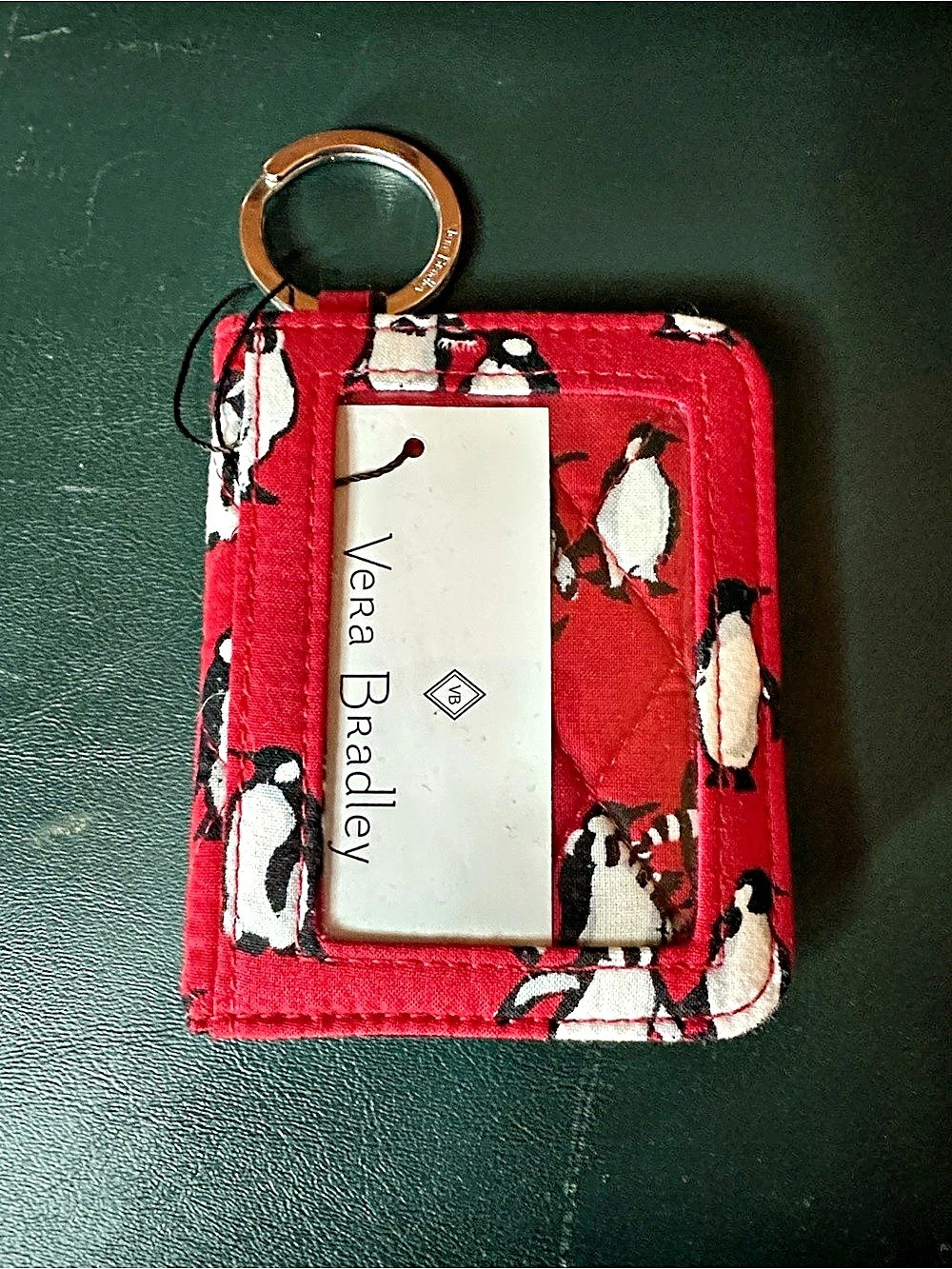 Vera Bradley Campus Double ID Key Ring Wallet Playful Penguin Red /Black & White